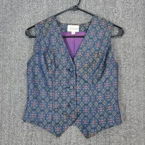 Barami Brocade Vest Womens 2 Blue Elegant Button Down Cinched Back Waistcoat